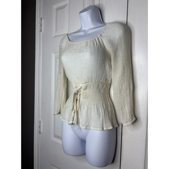 E&M Cream Peasant Blouse Corset Lace Up Cottagecore Top Small - Picture 2 of 5